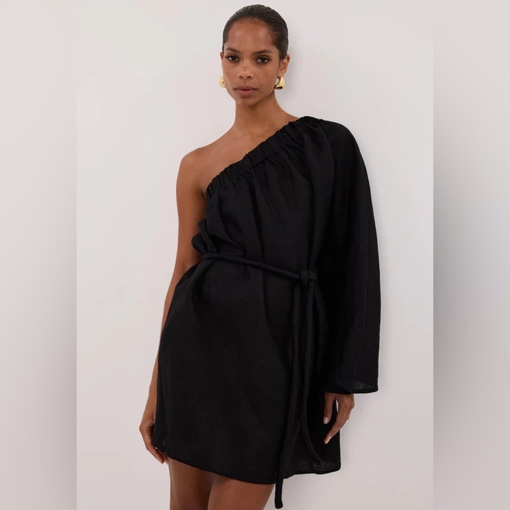 Dissh Black Linen One Shoulder Mini Dress Size 10